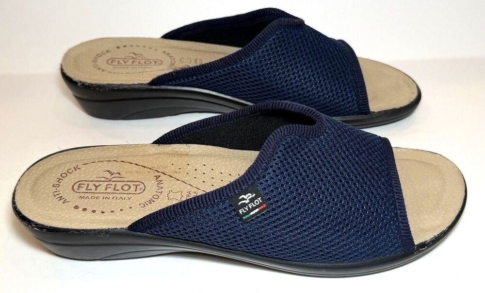 FLY FLOT Mesh Open Toe Mules Slippers Sandals Slides Navy 9 40 Anti-shock